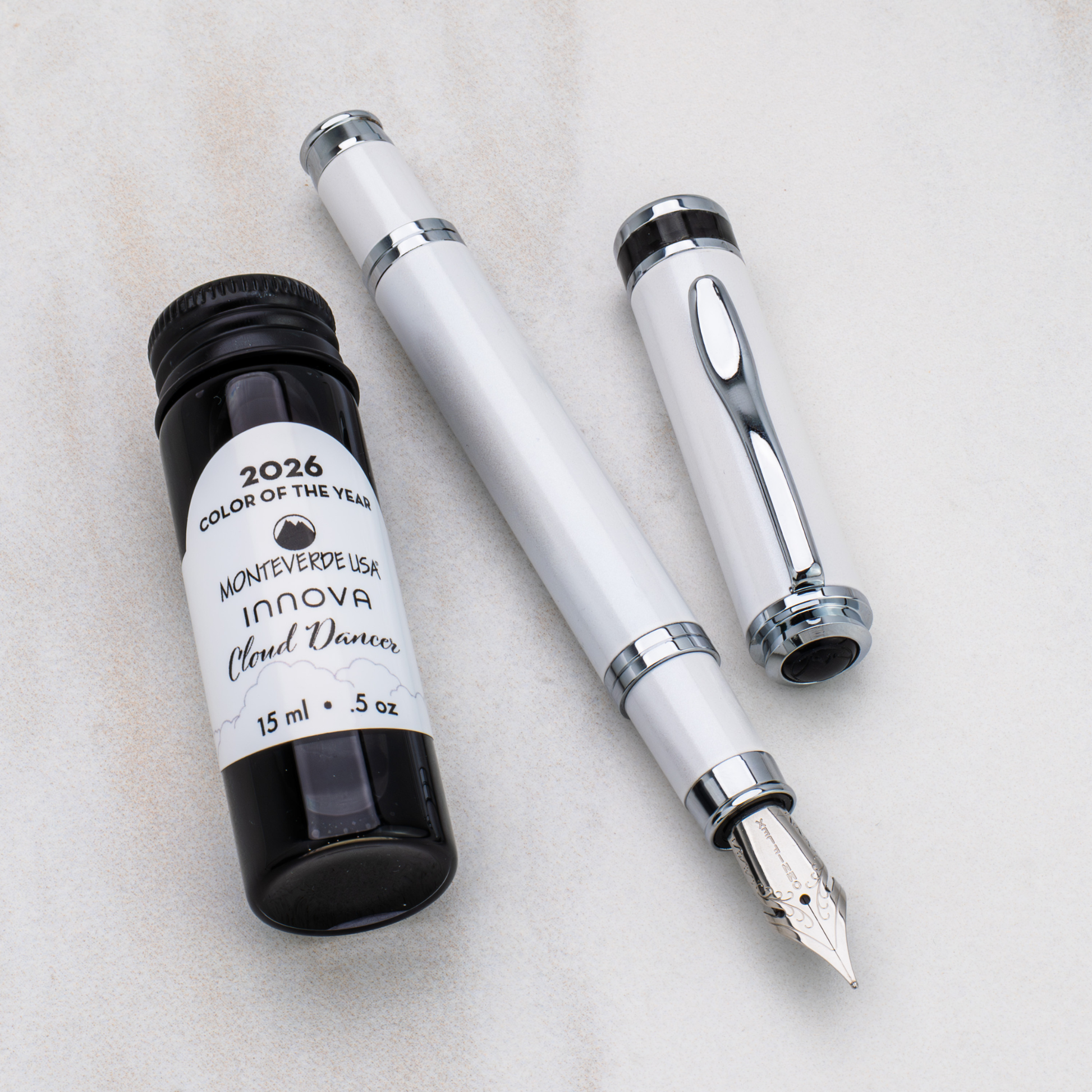 Monteverde USA Innova 2026 Color of The Year Cloud Dancer Fountain Pen Chrome Trim + Ink Collection